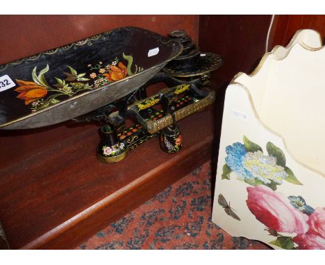 Old Bargeware kitchen scales and a decorated magazine rack