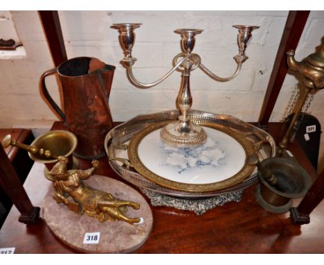 Gilt spelter classical figure, 2 brass pestle & mortars, silver-plated trays and Eastern brass three spout spirit lamp on col