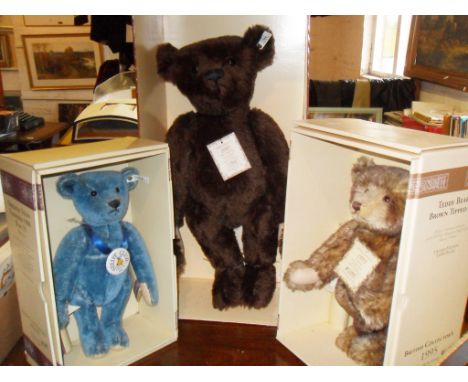 Three Steiff Replica teddy bears: All mint and boxed with LE certificates - large brown 1907 bear, Blue 35 1908 Club Edition 