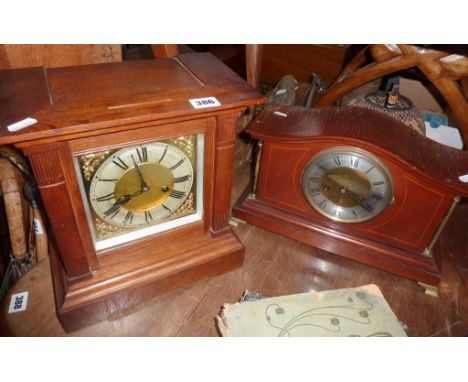 Oak-cased 8-day mantle clock, together with an Edwardian inlaid mahogany 8-day mantle clock
