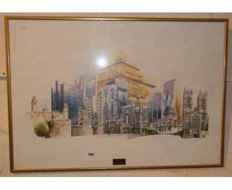 Leonard Curtis ( ) architectural colour litho study of old and new London buildings, signed