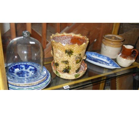 Glazed Verwood pottery 'tree trunk' jardiniere & dish, some blue & white plastic plates etc, and a glass cheese cover