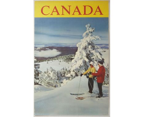 Original vintage ski travel poster for Canada - Great design features a man and lady wearing red and yellow ski jackets stand