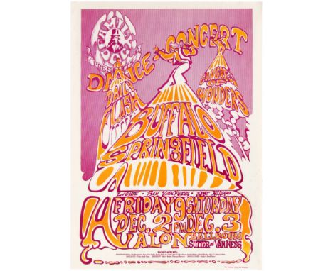 Original vintage music advertising poster (yellow version) for a concert by Buffalo Springfield at the Avalon Ballroom in 196