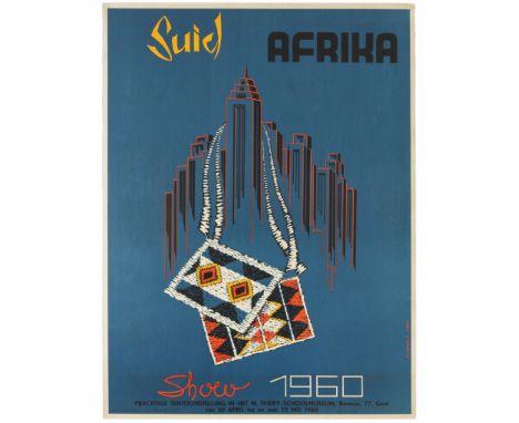 Original vintage midcentury modern design advertising poster for a show on South Africa, held at the M. Thiery Schoolmuseum i