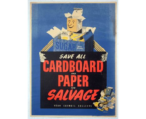 Original vintage propaganda poster published by the British Government featuring a fun artwork showing a tidy pile of cardboa