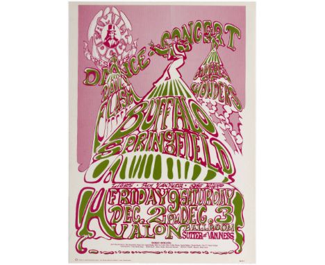 Original vintage music advertising poster (green version) for a concert by Buffalo Springfield at the Avalon Ballroom in 1966