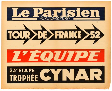 Original vintage sport poster at the 1952 Tour De France, with advertising logos from Le Parisien and L'Equipe. The 1952 Tour