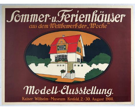 Original vintage exhibition advertising poster for a model exhibition of summer and holiday homes, as part of a weekly compet