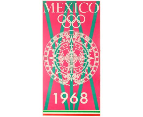 Original vintage official Olympic committee sport poster for the 1968 Summer Olympics in Mexico. This poster features an Azte