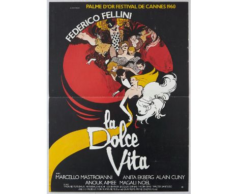 Original vintage French film poster for the re-release of classic 1960 Federico Fellini movie starring Marcello Mastroianni, 
