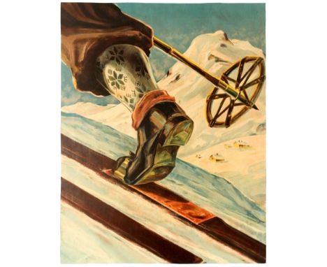 Original vintage lithograph ski poster promoting Norway as the destination for Winter Sports.  This poster is missing a text 