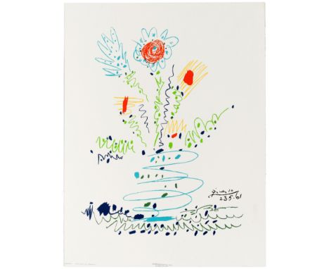 Commercial art print of a Picasso's colourful line drawing of a bunch of a summer bouquet on a white background. Signature fr