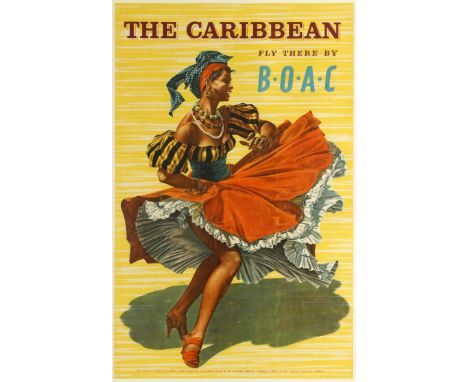 Original vintage travel advertising poster for The Caribbean fly there by BOAC featuring a colourful image of a smiling Carib