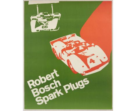 Original vintage advertising poster for Robert Bosch Spark Plugs featuring a stylised illustration depicting two white cars r