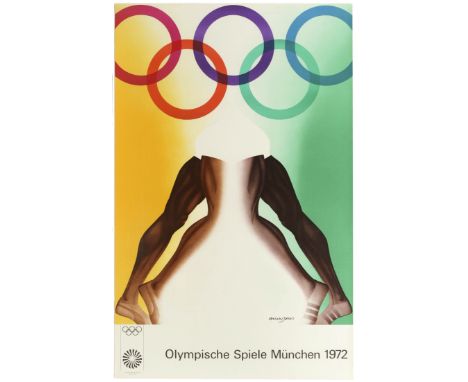 Original vintage sport event poster for the 1972 Summer Olympics in Munich / Olympische Spiele Munchen featuring a stylised a