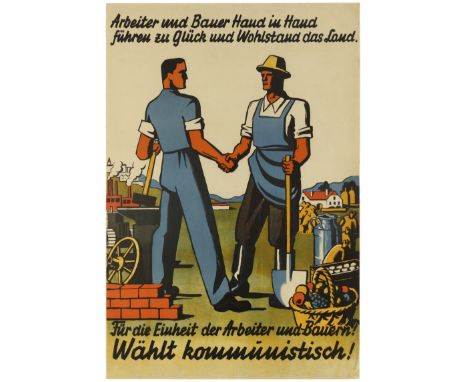 Original vintage Austrian propaganda poster published to promote the Communist vote. Colourful image showing a worker and a f