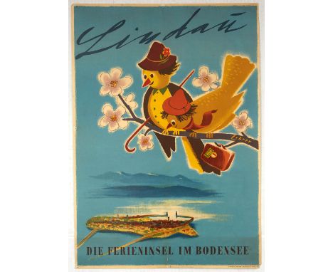 Original vintage travel advertising poster for Lindau island in Bavaria, Germany. Lindau is a major town and island on the ea