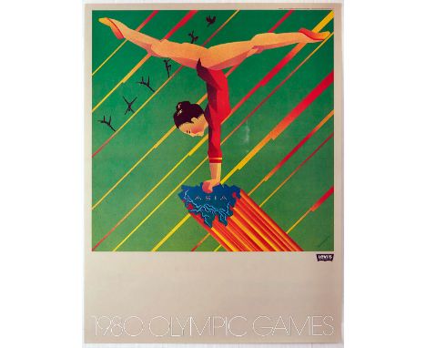 Original vintage sport poster published by Levi Strauss for the 1980 Moscow Summer Olympic Games featuring a fantastic artwor