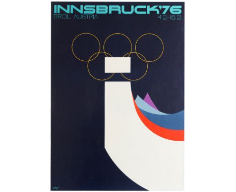Original vintage sport poster for the Innsbruck Olympic Winter Games 1976 held in Tirol, Austria. Great design by Arthur Zelg