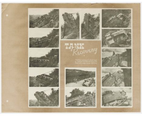 Original vintage WWII propaganda poster: Tank Recovery. This poster features black and white vignettes photographs showing th