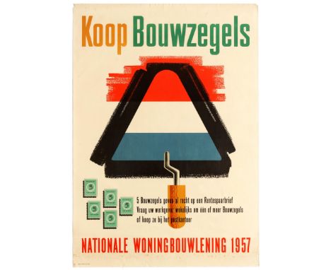 Original vintage advertising poster for Koop Bouwzegels - Coop Construction Stamps. Stylish midcentury modern design. Nationa