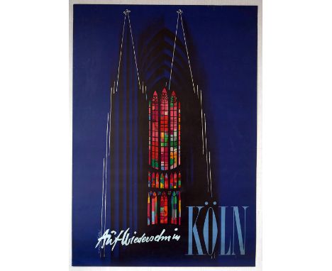 Original vintage travel advertising poster for Cologne, Germany, designed by German painter, graphic designer and painter Wer