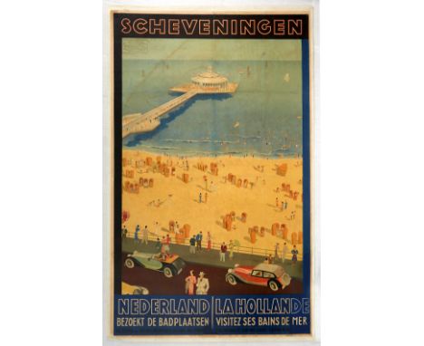 Original vintage travel advertising poster for Scheveningen, the Hague, Netherlands. Scheveningen is one of the eight distric