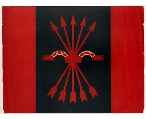Original vintage propaganda poster featuring the yoke and arrows emblem of the Falange Española de las JONS (Spanish Fascist 