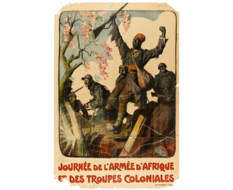 Original vintage WWI propaganda poster showing published to celebrates the participation of troops from the French colonies a