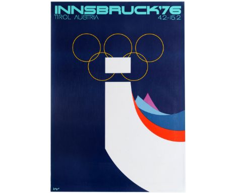 Original vintage sport poster for the Innsbruck Olympic Winter Games 1976 held in Tirol, Austria. Great design by Arthur Zelg