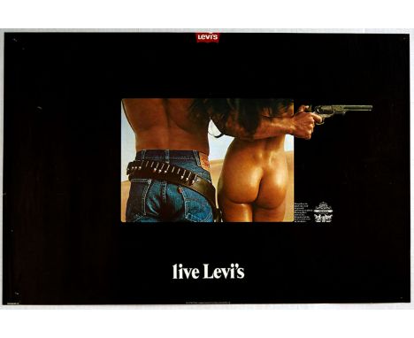 Original vintage advertising poster for Levi's Jeans. This very rare poster features a cropped photograph showing a cowboy in