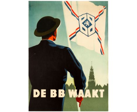 Original vintage propaganda poster issued in the Netherlands for the Dutch Civil Guard, the Bescherming Bevolking (BB).  Grea