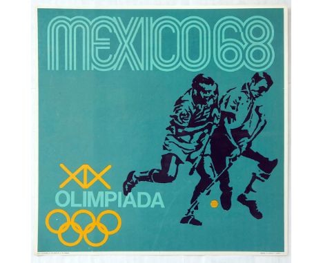 Original vintage sport poster for the 1968 Summer Olympics in Mexico. This poster published to promote the Hockey Olympic Tou