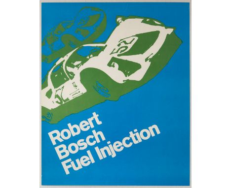Original vintage advertising poster for Robert Bosch Fuel Injection featuring a great illustration of two green cars racing o