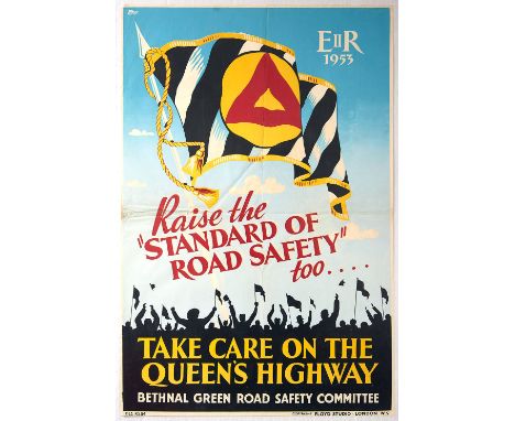 Original vintage propaganda poster published by Bethnal Green Road Safety Committee: Raise the "Standard of Road Safety" - Ta
