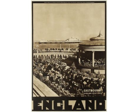 Original vintage travel poster published by the Travel Association to promote the seaside town of Eastbourne on the sunny Sus