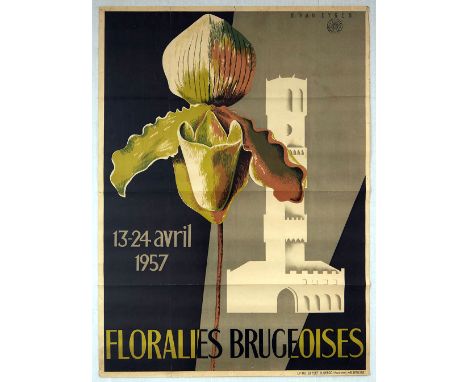 Original vintage exhibition advertising poster for a flower show in Bruges, Belgium from 13-24 April, 1957. Features a light 