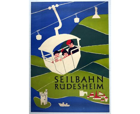 Original vintage travel advertising poster for the 'seilbahn' - cable car in Ruedesheim am Rhein, a German winemaking town in