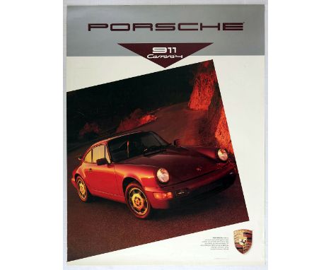 Original vintage dealer showroom advertising poster for the Porsche 911 964 Carrera 4. This salesroom poster features a red P