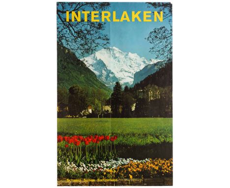Original vintage travel advertising poster for Interlaken, Switzerland. Interlaken is a Swiss town and municipality in the In