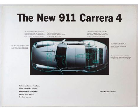 Original vintage advertising poster for the New Porsche 911 Carrera 4 featuring a cool design showing a top view of the car h