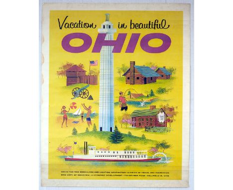 Original vintage travel poster: Vacation in Beautiful Ohio. Colourful and fun artwork by Kocab showing some of the scenes and