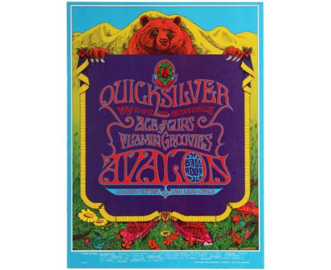 Original vintage music advertising poster for a concert by Quicksilver and Messenger Service at the Avalon Ballroom in 1968. 
