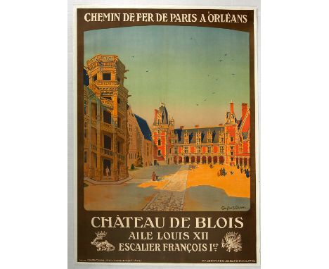 Original vintage travel advertising poster for the Paris- Orleans Railway, and featuring a painting of the Chateau de Blois b