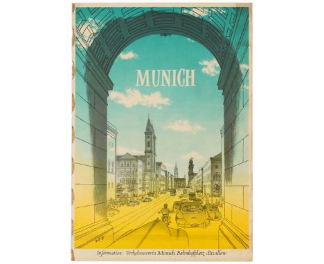 Original vintage advertising poster for tourism in Munich. It features the Odenplatz in the distance, a large square in centr