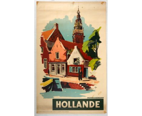 Original Dutch travel advertising poster for Holland. It features an artwork of Monnickendam, in the Dutch province of North 