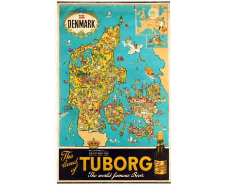 Orginal vintage advertising poster for Tuborg beer: Denmark - The land of Tuborg - The world famous beer. Great illustrated m