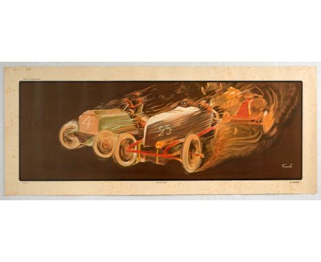 Original vintage early motorsport lithograph poster by Belgian born painter, illustrator and poster design Fernande Fernel (1