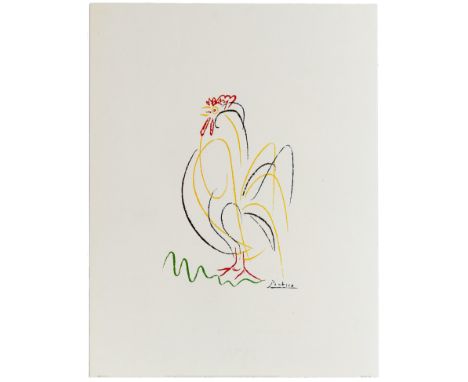 Commercial art print of a Picasso's colourful line drawing of a rooster on a white background. Issued by Aaron Ashley, member
